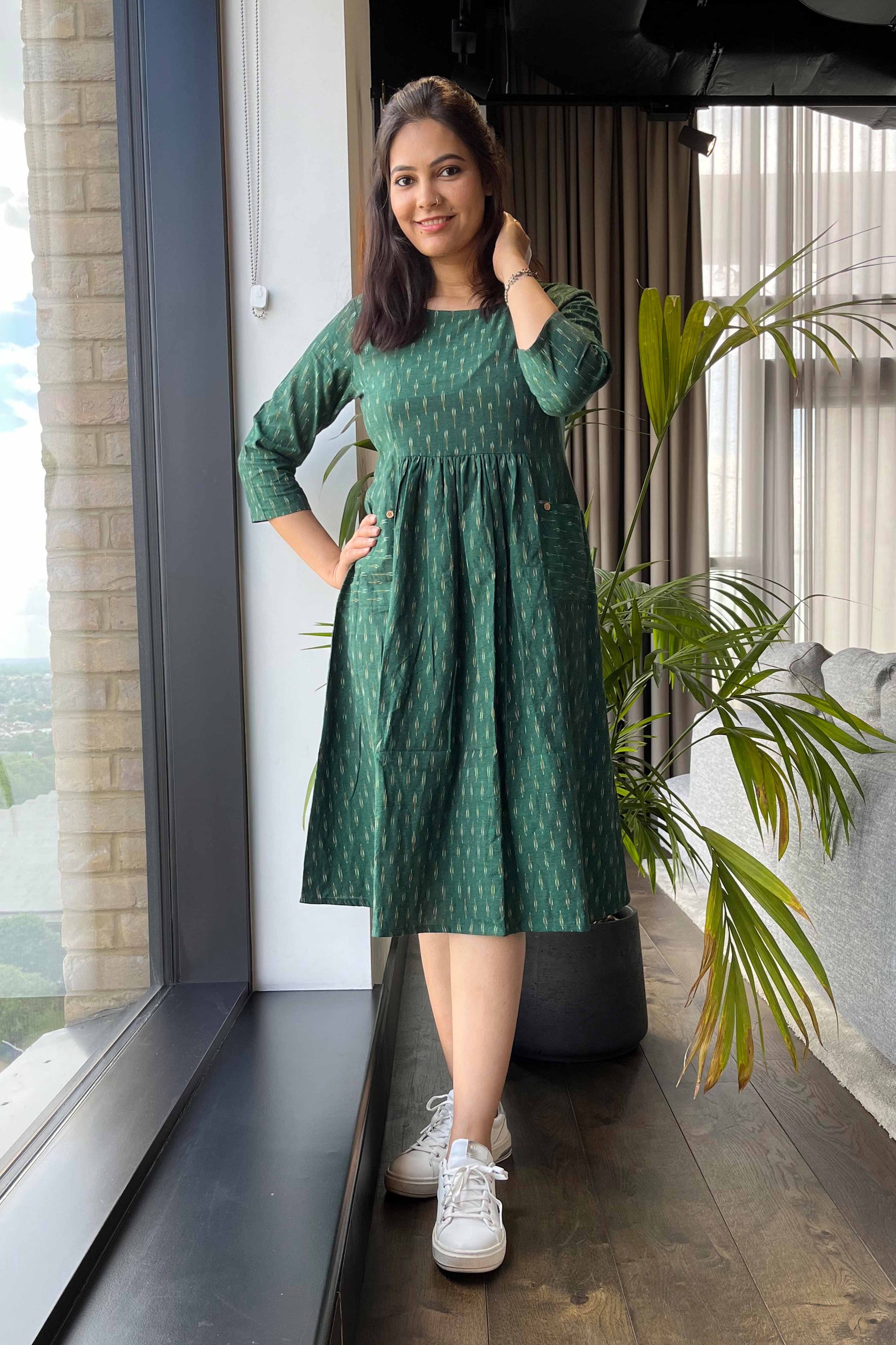 Bottle Green Ikat Dress - SILAYI