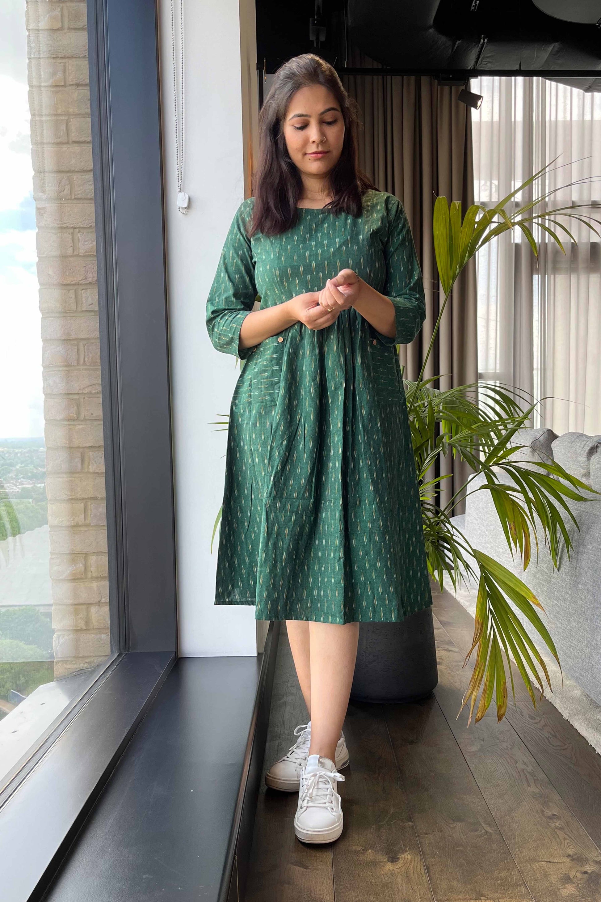 Bottle Green Ikat Dress - SILAYI