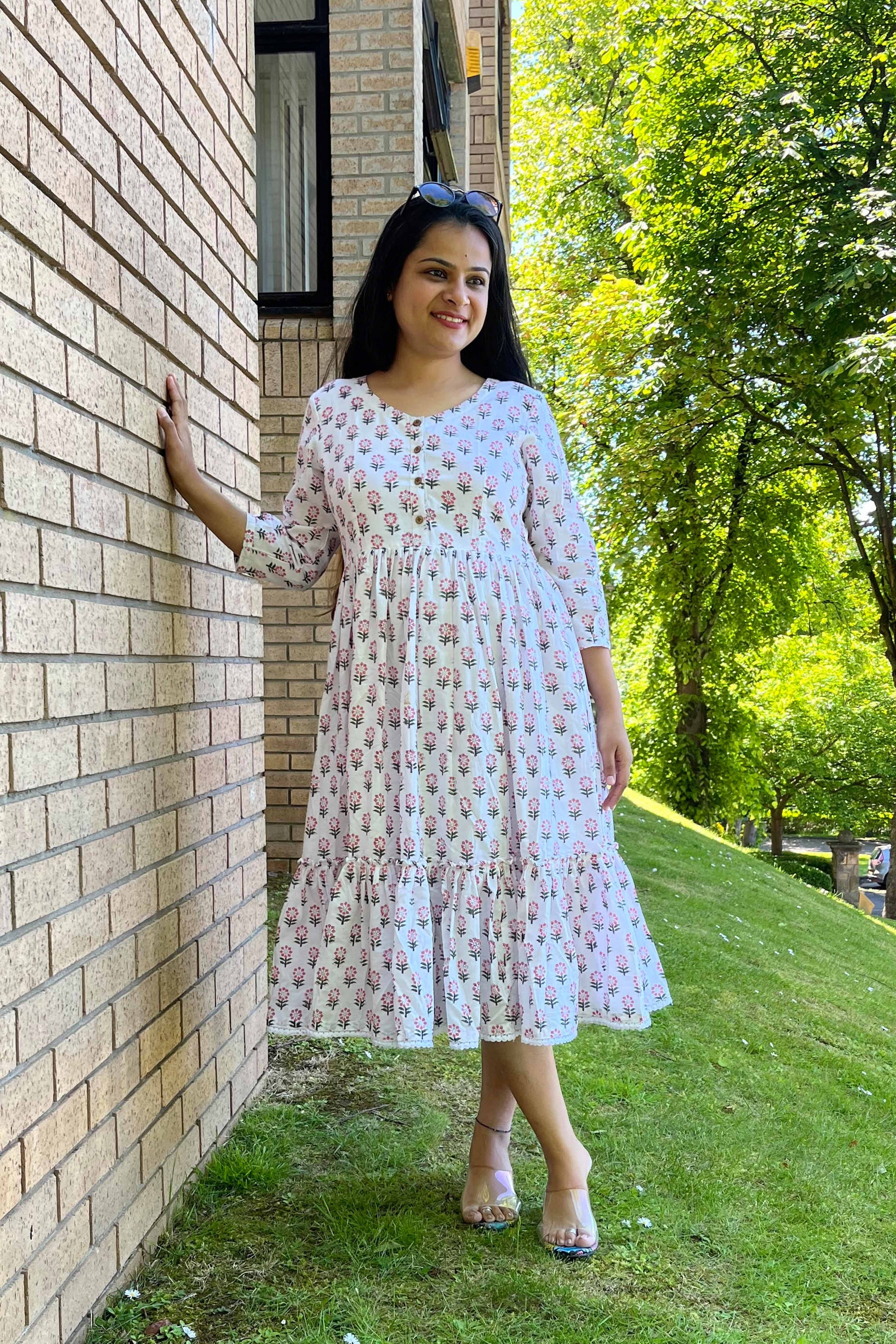 White Block Printed Dress - SILAYI