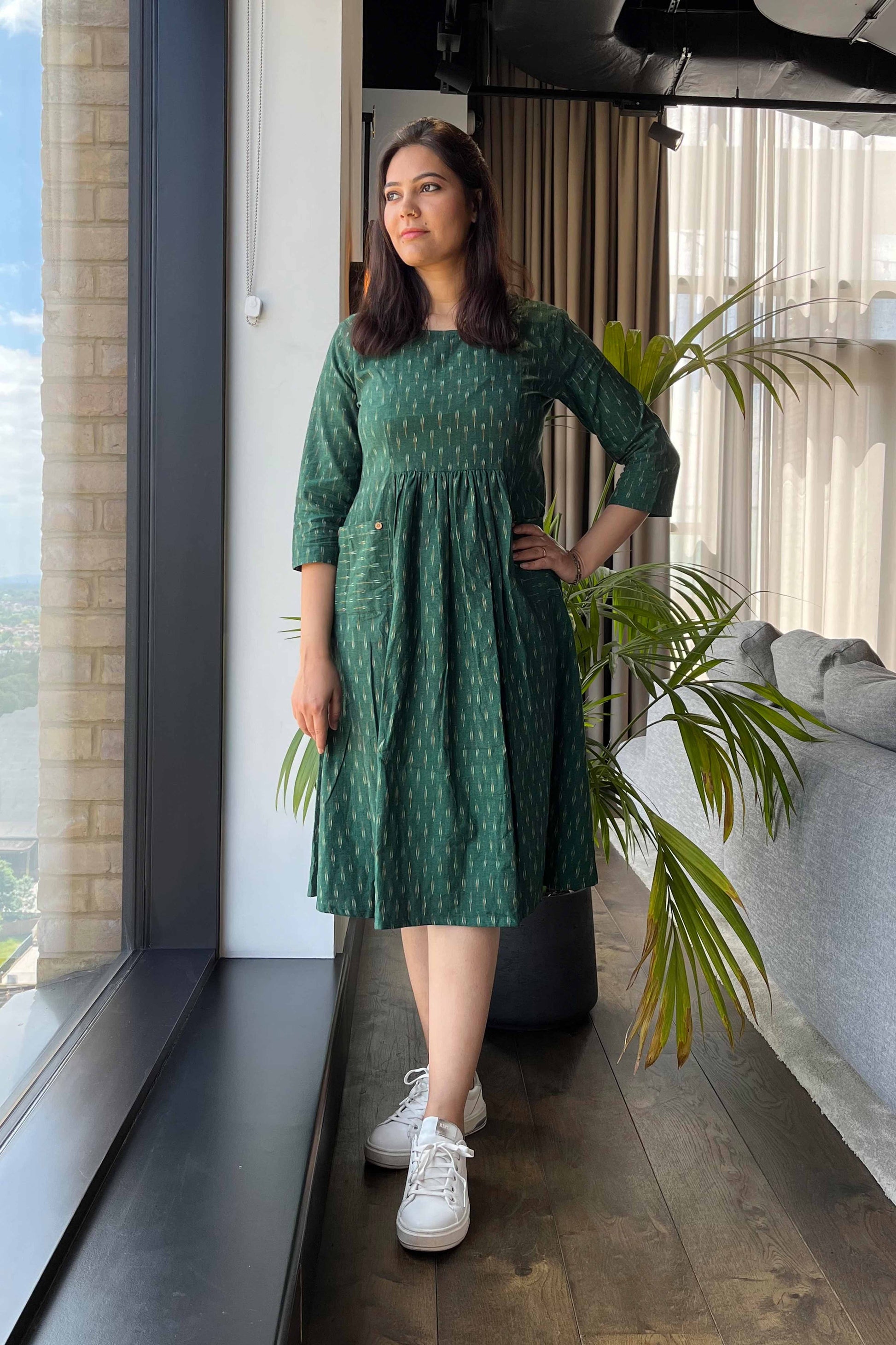 Bottle Green Ikat Dress - SILAYI