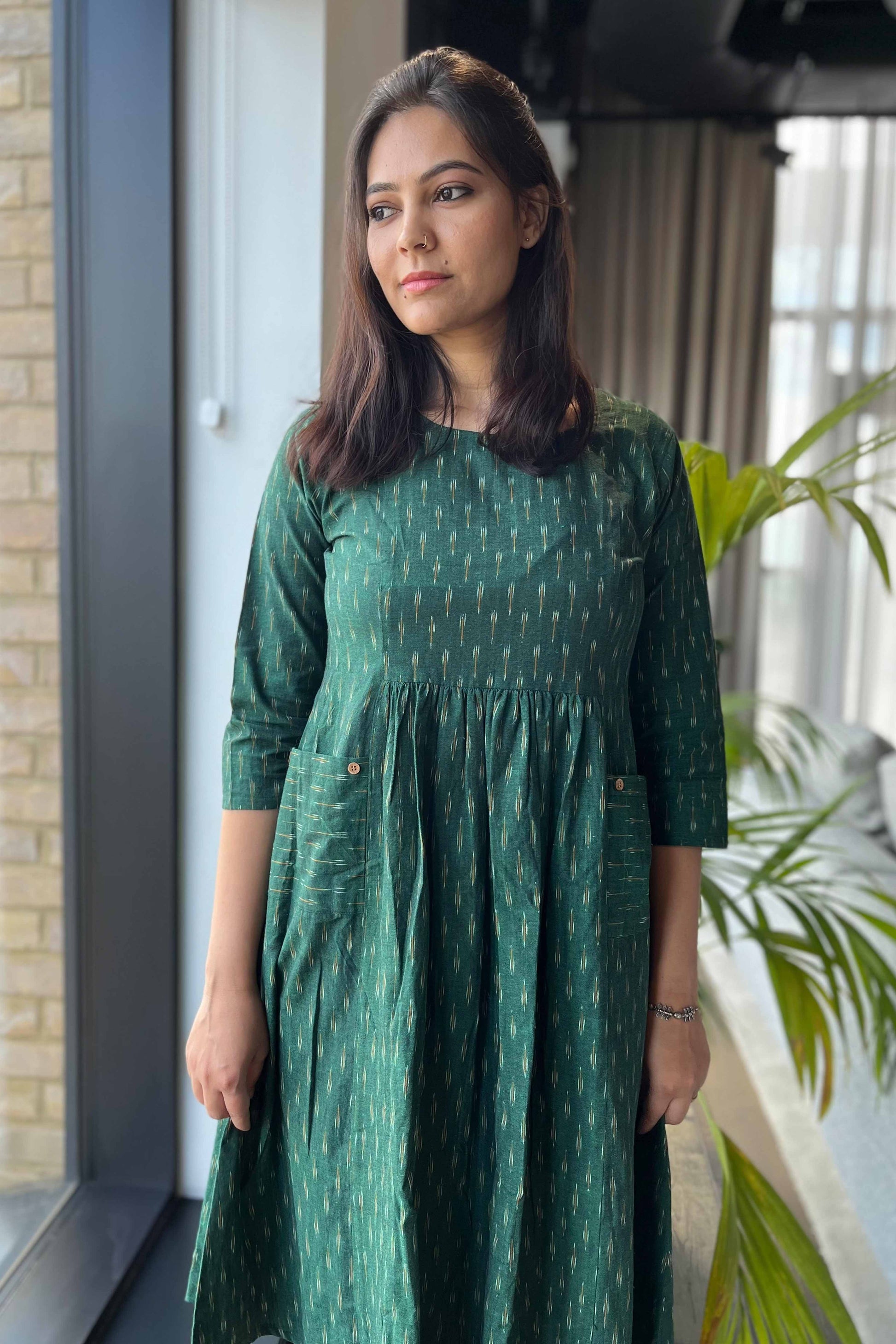 Bottle Green Ikat Dress - SILAYI