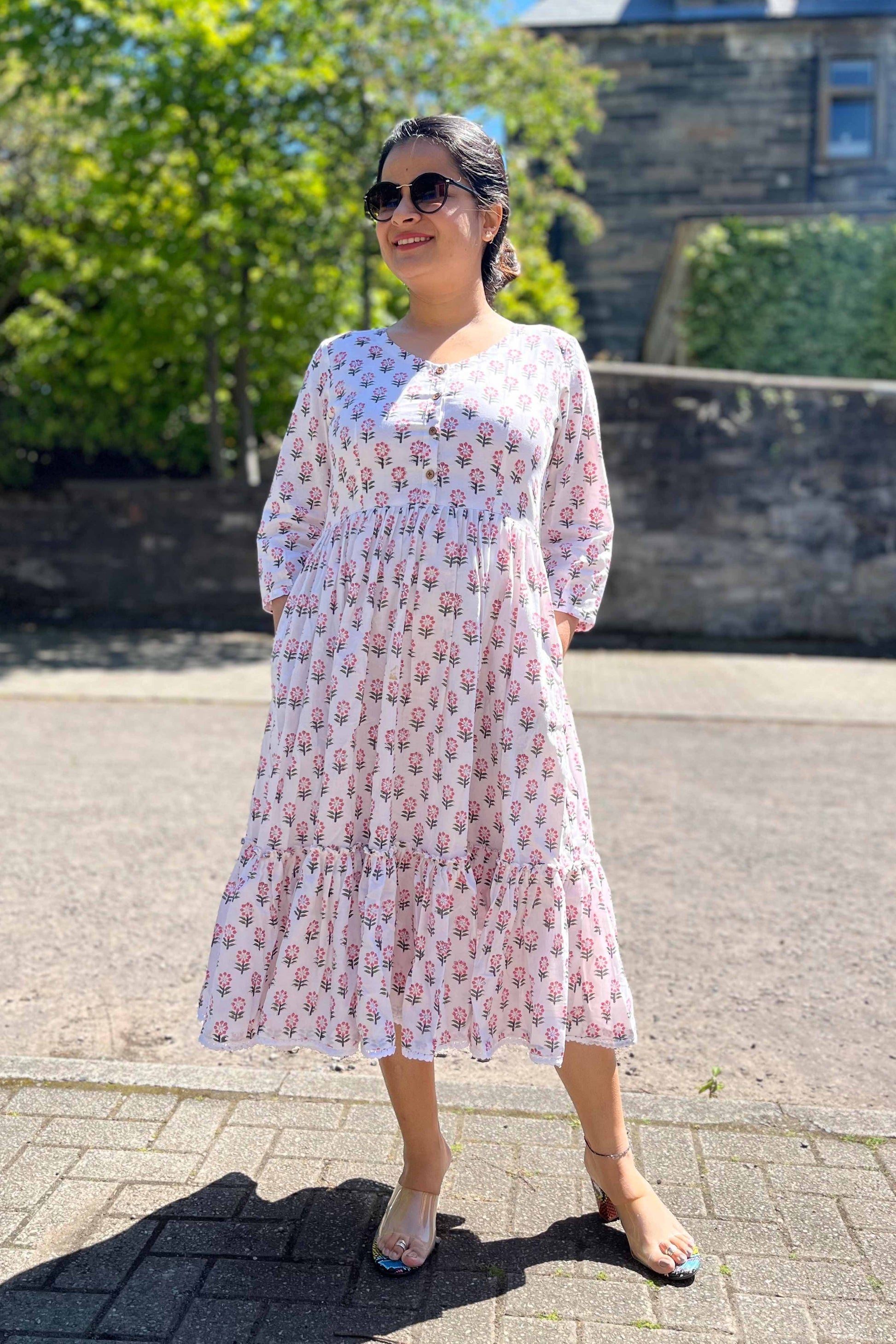 White Block Printed Dress - SILAYI