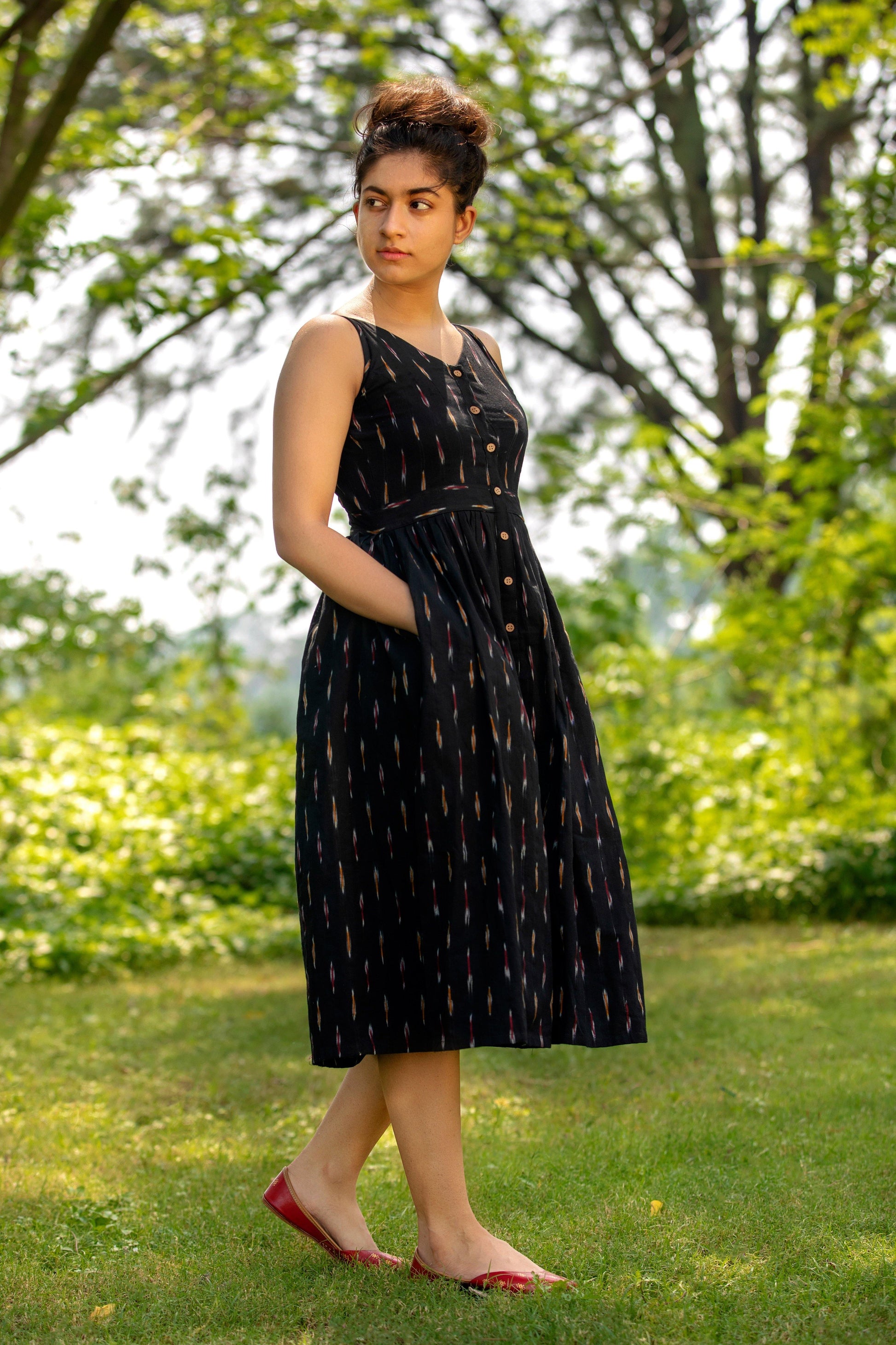 Pure cotton Black Summer Ikat dress with pockets for women