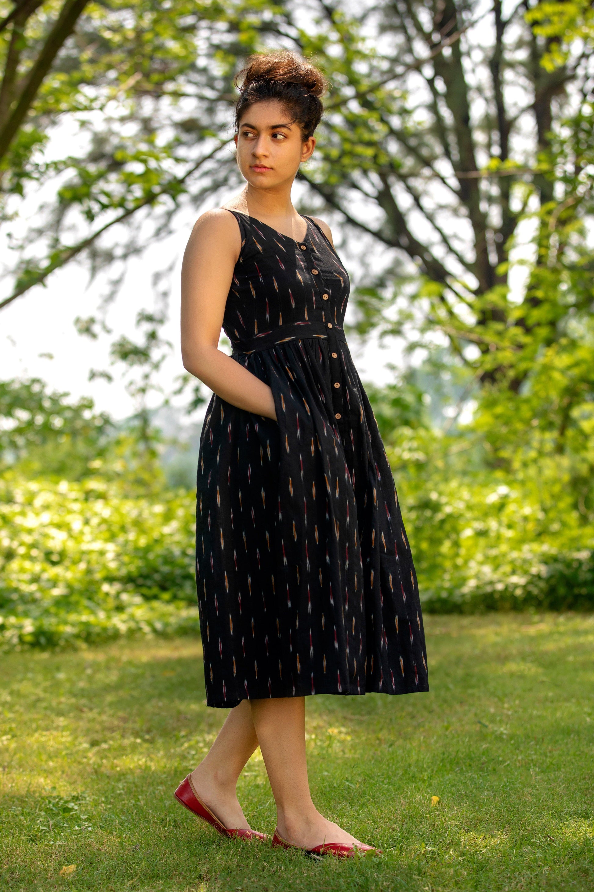 Pure cotton Black Summer Ikat dress with pockets for women | At Silayi –  SILAYI