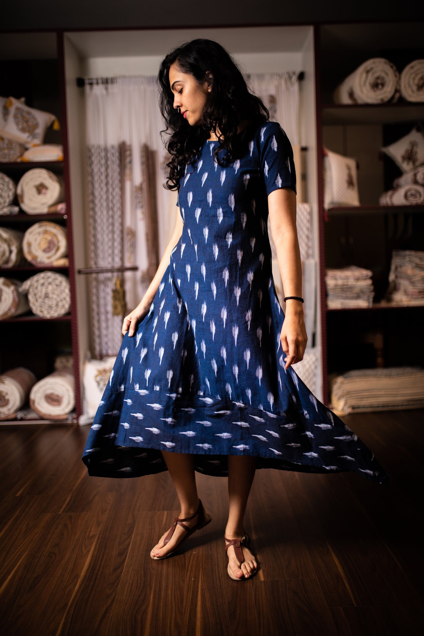 Navy blue high low ikat dress - www.silayi.in