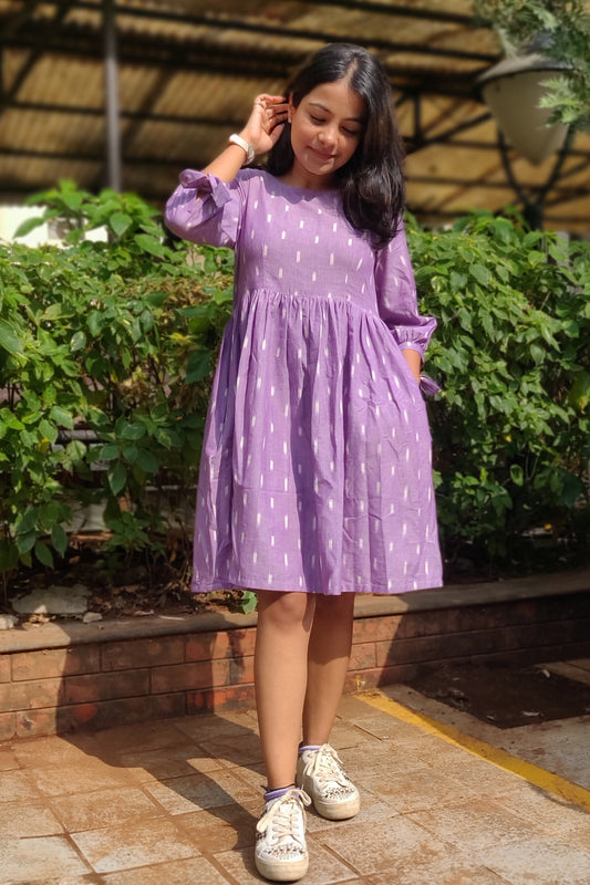 Lilac gathered Ikat dress - www.silayi.in