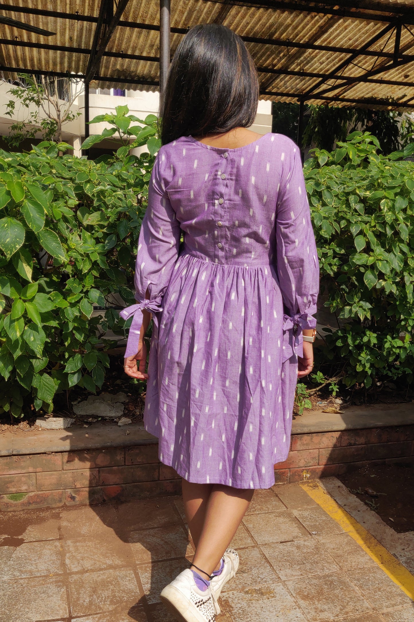 Lilac gathered Ikat dress - www.silayi.in
