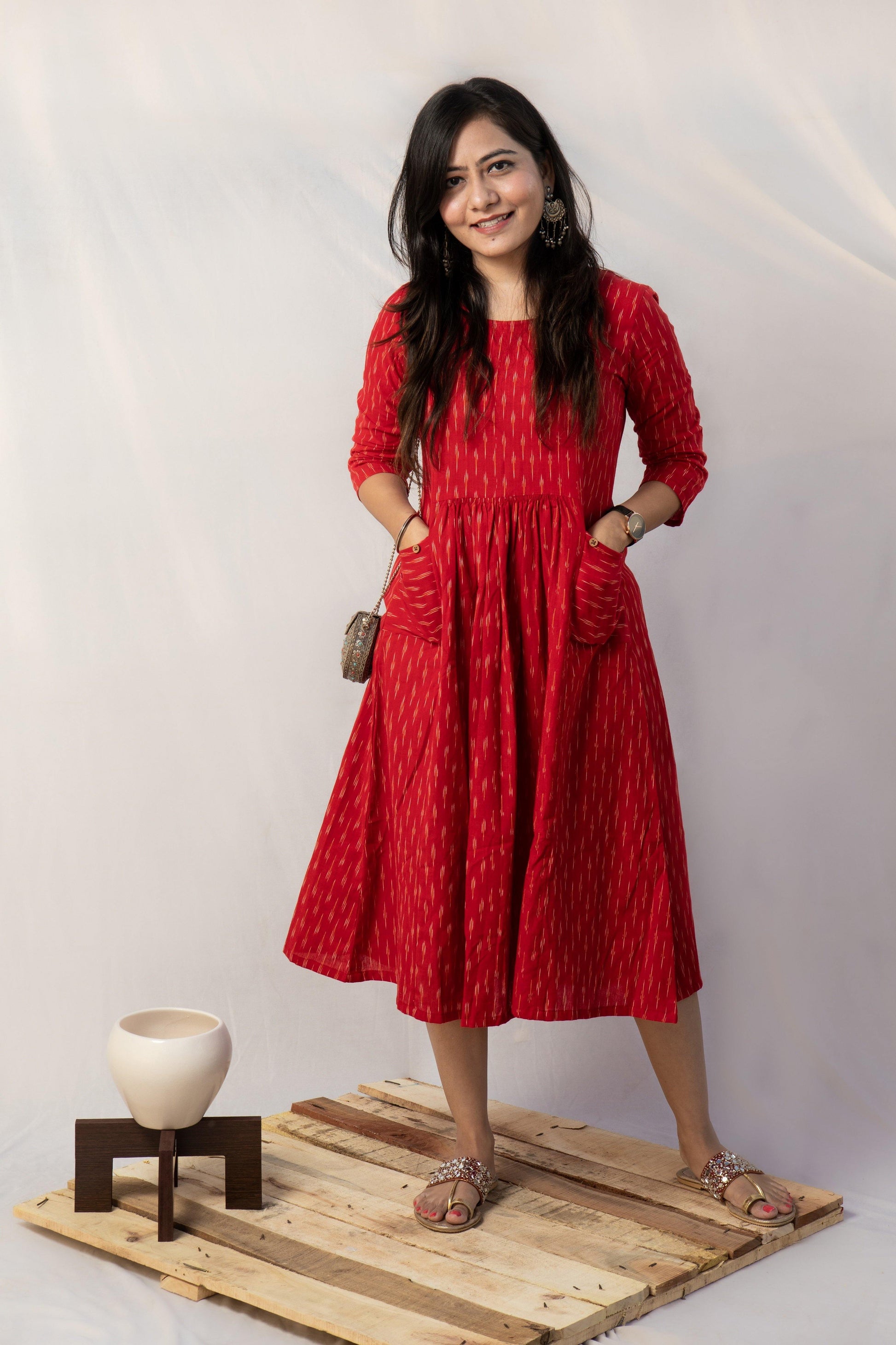 Buy Women Roohi : Red Cotton Ikkat Dress In India | Silayi SILAYI Buy Women Roohi : Red Cotton Ikkat Dress In India | Silayi SILAYI