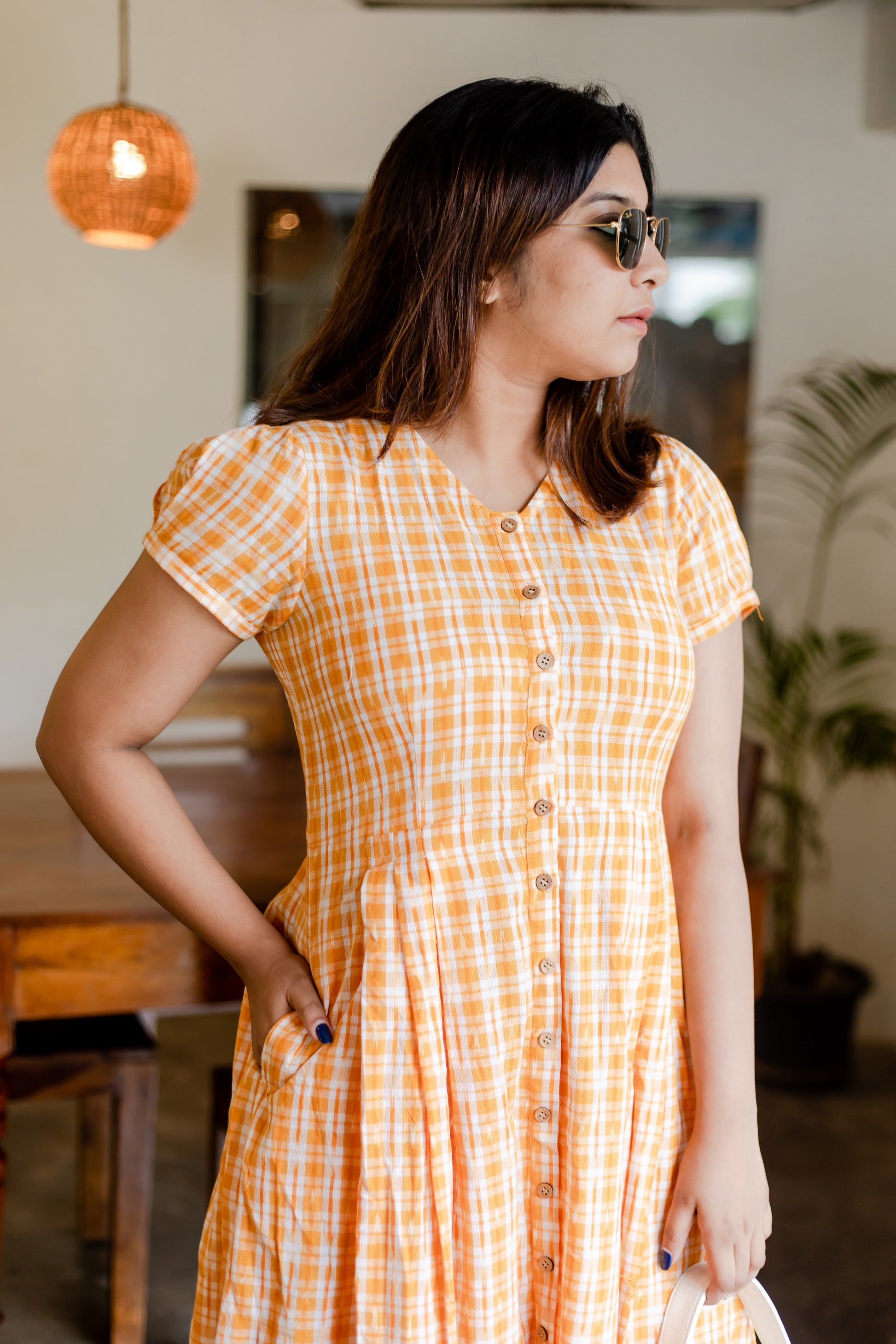 Yellow Ikat checks dress - SILAYI